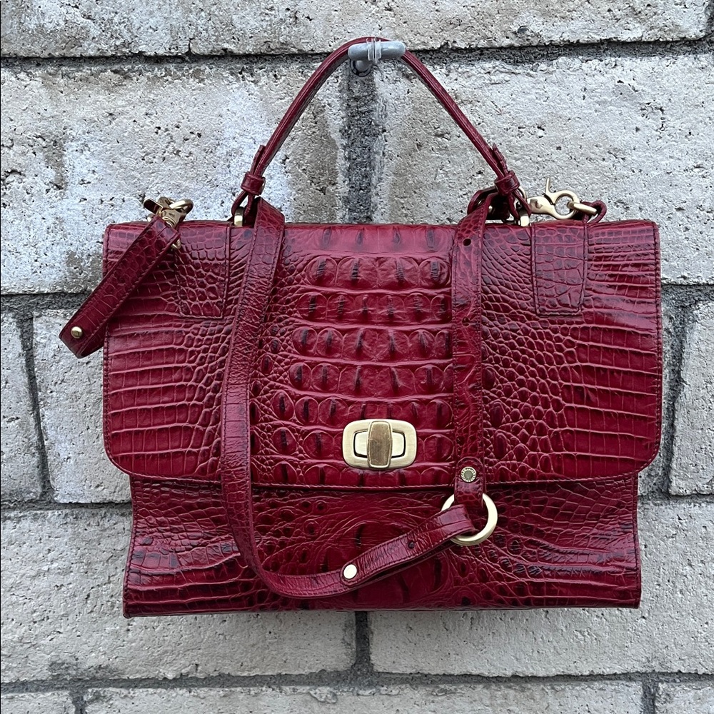 Brahmin Deep Red Croc-Embossed Leather Satchel with Gold Hardware